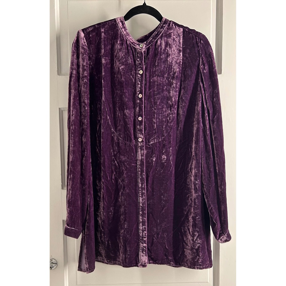 J. Jill Purple Crushed Velvet Silk Blend Button Front Tunic Top Large